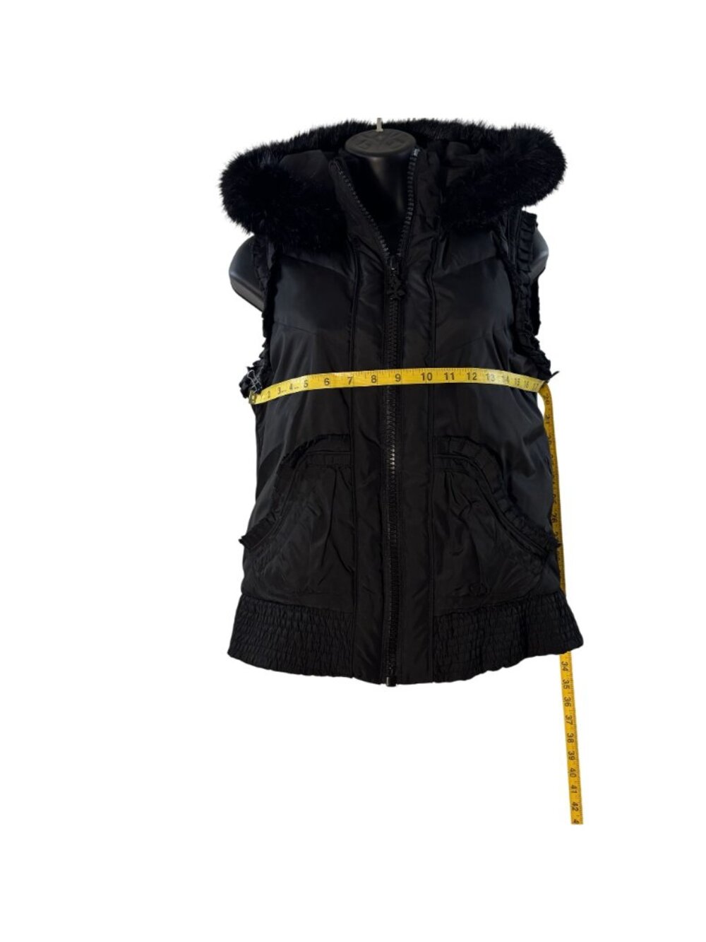 Betsey Johnson Black Hooded Vest W/ Faux Fur Trim & Floral Lining Size S - Picture 8 of 11